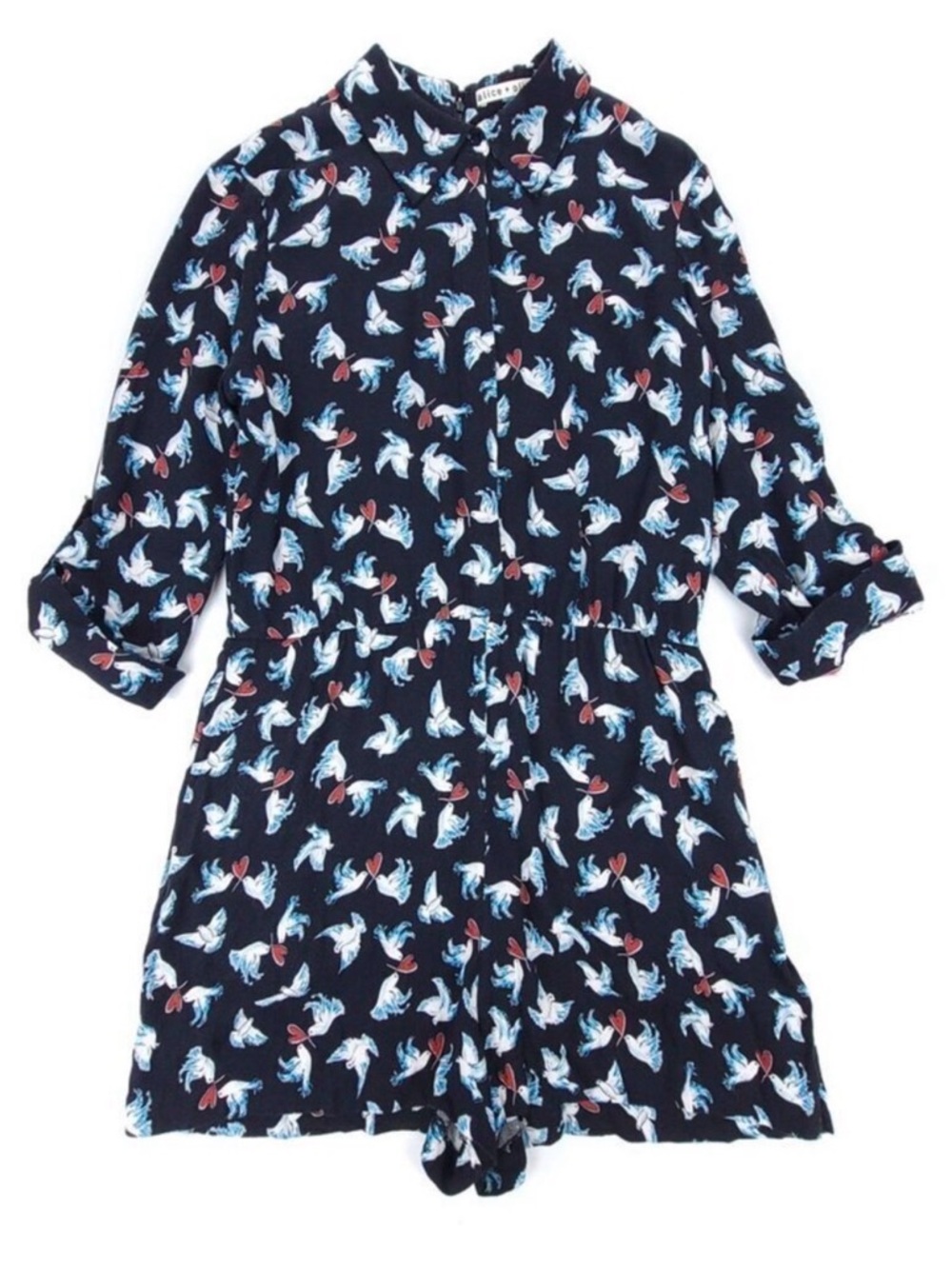 ALICE + OLIVIA Love Dove Button Down Romper Twee Vintage Novelty Print Womens 12 - Picture 2 of 10